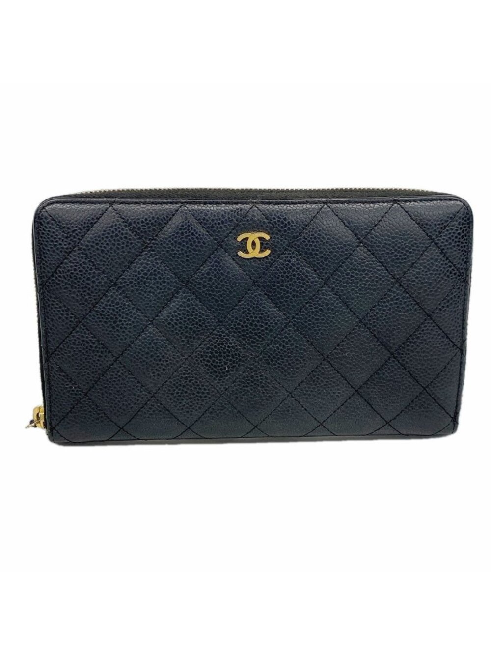 Chanel Wallet Quilted Caviar Leather Black Champagne Gold